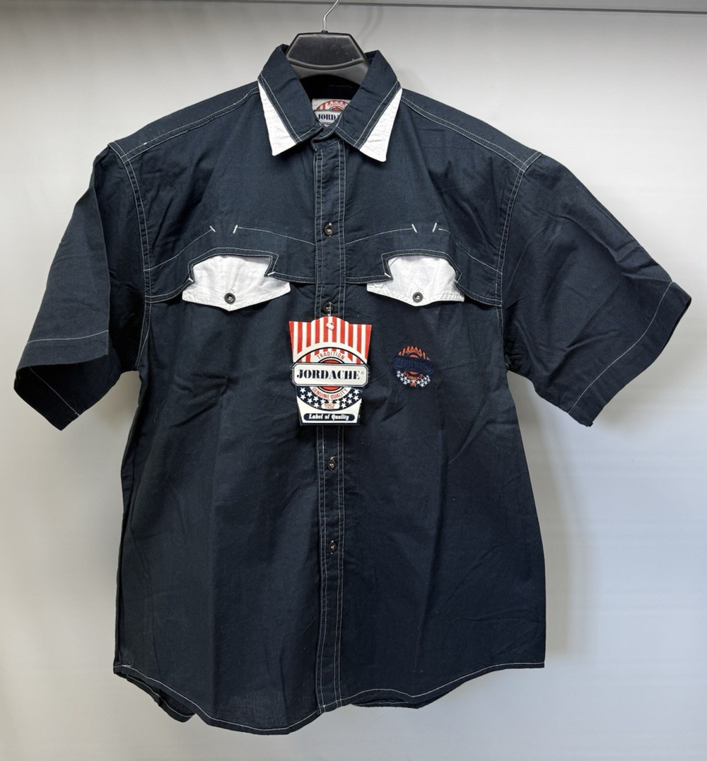 Vintage JORDACHE Men's Large Navy Cotton Short Sleeve Button Front Shirt NOS